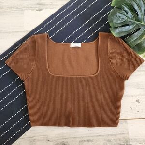 Babaton Sculpt Knit Squareneck Cropped Top Short Sleeve Brown Size XL